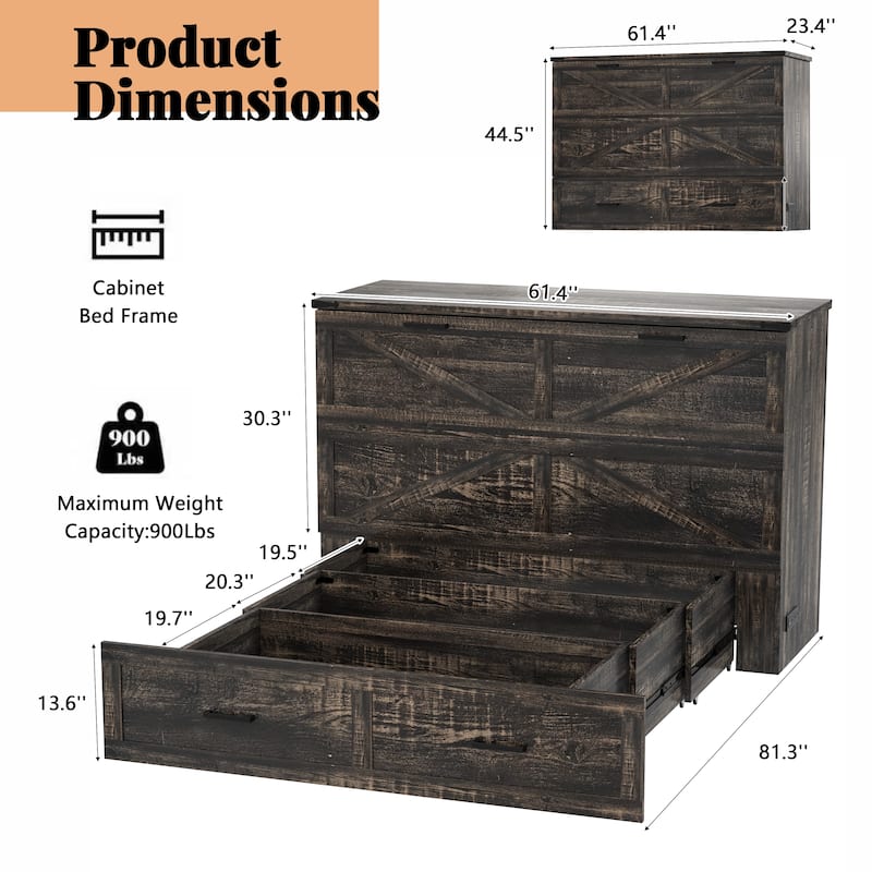 Queen Murphy Bed with Charging Station, Farmhouse Murphy Cabinet Bed with Large Storage Drawer, Hideaway Foldable Platform Bed