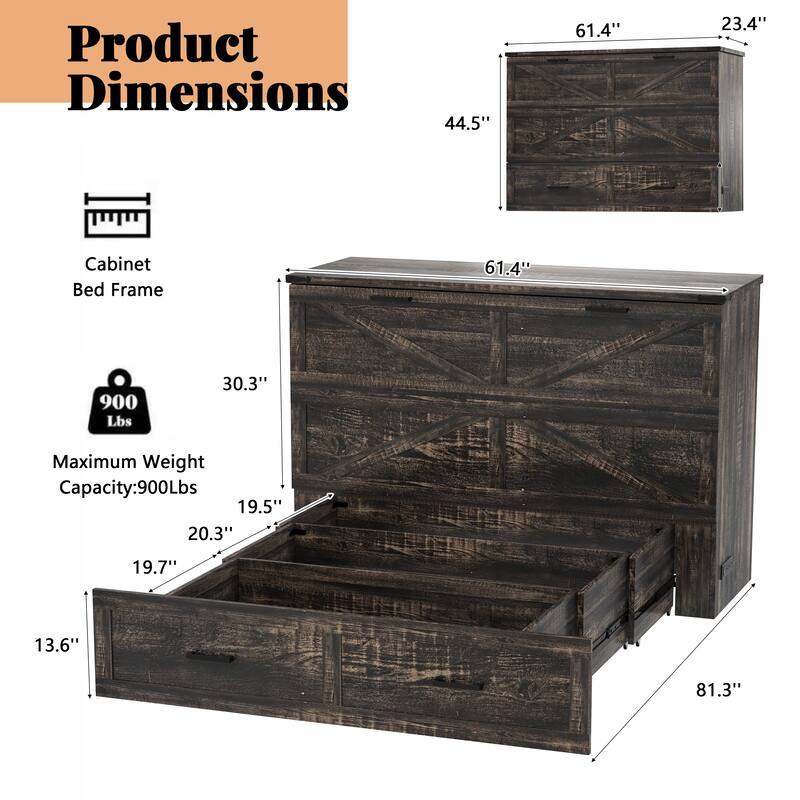 Queen Murphy Bed with Charging Station,Farmhouse Murphy Cabinet Bed with Large Storage Drawer,Hideaway Foldable Platform Bed