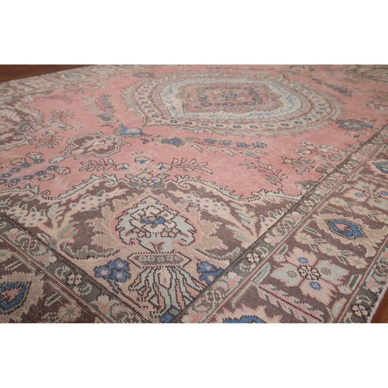 Pink Tabriz Vintage Persian Area Rug Hand-Knotted Wool Carpet - 6'8" x 9'9"