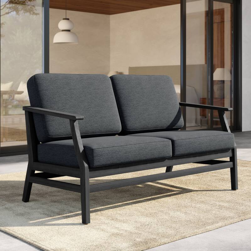 Outdoor Teak Wood Loveseat Sofa with Water-Resistant Cushions - BlackFrame-Dark Grey