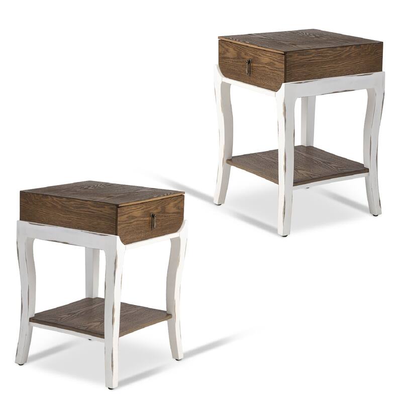 SUNBURY Farmhouse Nightstand Wood Accent End Table w Drawer and Shelf