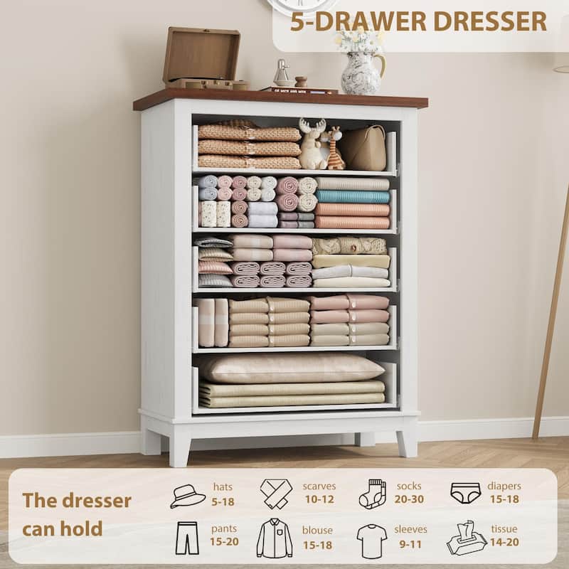 5 Drawer Dresser for Bedroom, Tall Freestanding Chest with Wood Frame and Vertical Storage