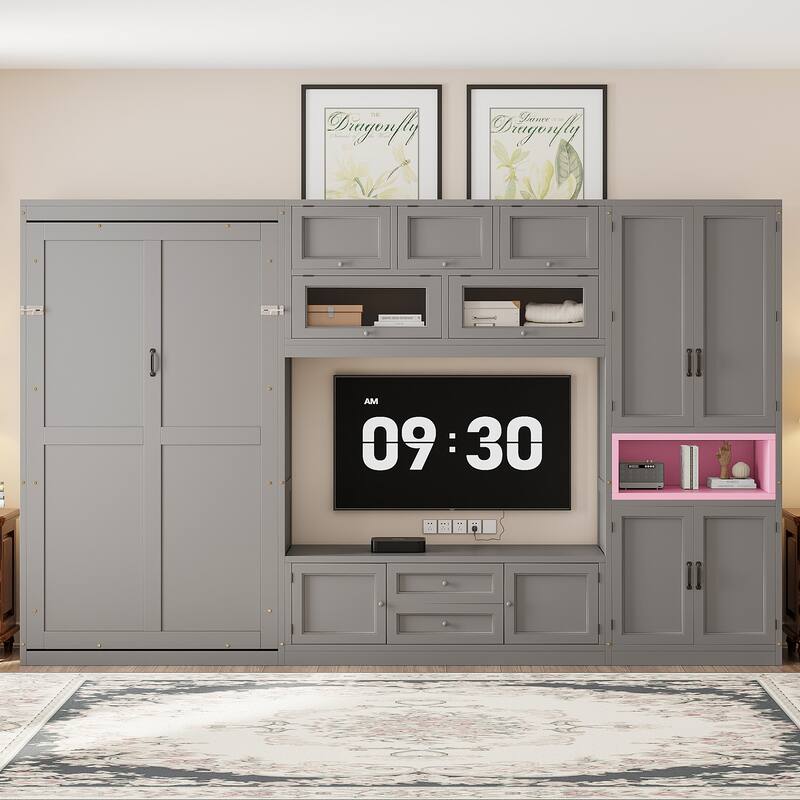 Roomfitters Twin Size Wall Murphy Bed with TV Stand, Cabinets & Shelving Storage