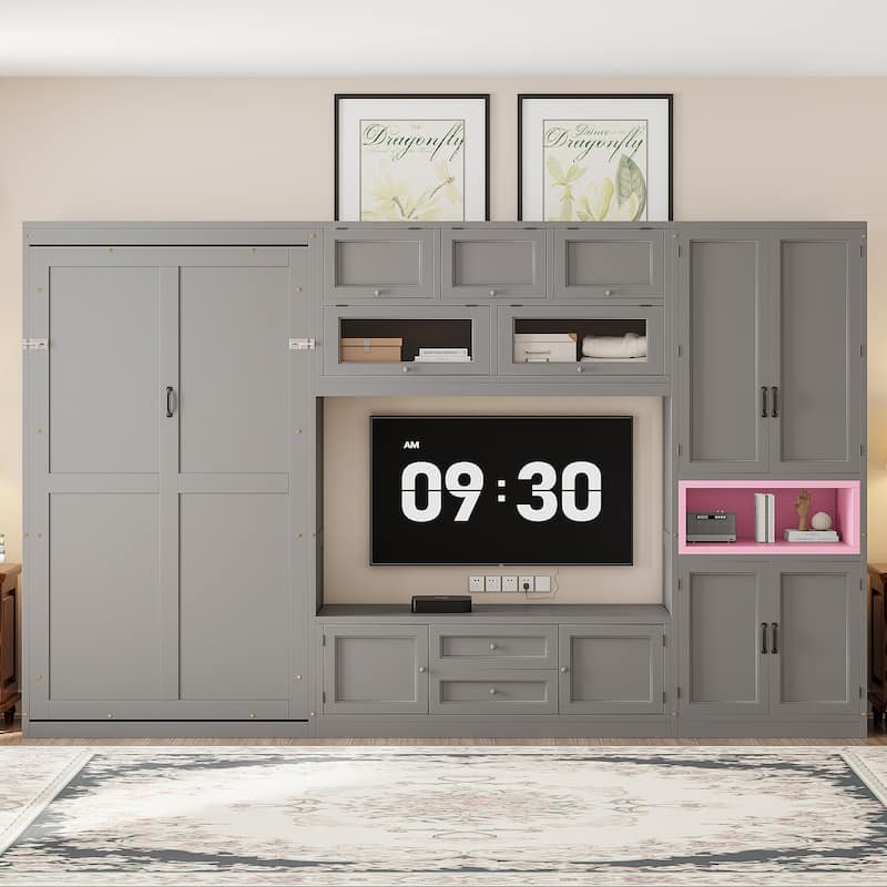 Space Saving Twin Murphy Bed, Wall Bed Unit with TV Console, Drawers and Storage Cabinets