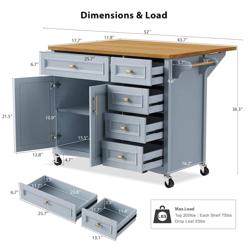 Haloi MDF Rolling Kitchen Island with Drop Leaf and 5 Drawers(52-in x30-in x36-in)