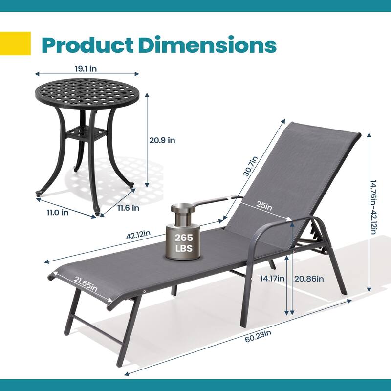 Pellebant Outdoor Lounge Chair Aluminum Adjustable Backrest with side table