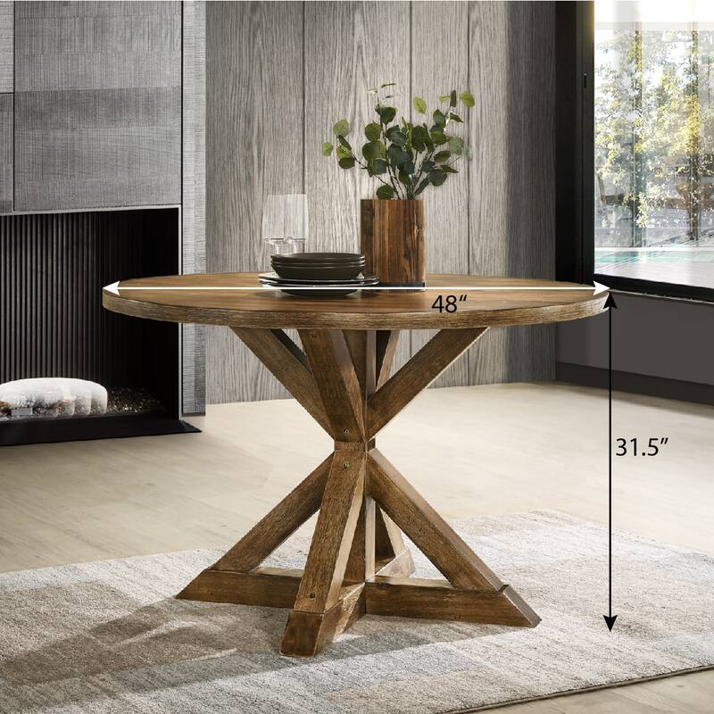 Round Dining Table Set, 5 Piece Wooden Kitchen Table with Cross-Buck Base and 4 Upholstered Dining Chairs, for Living Room