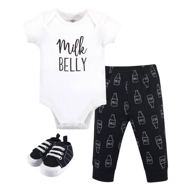 slide 1 of 1, Little Treasure Baby Boy Cotton Bodysuit, Pant and Shoe 3pc Set, Milk Belly 0-3 Months - Milk Belly
