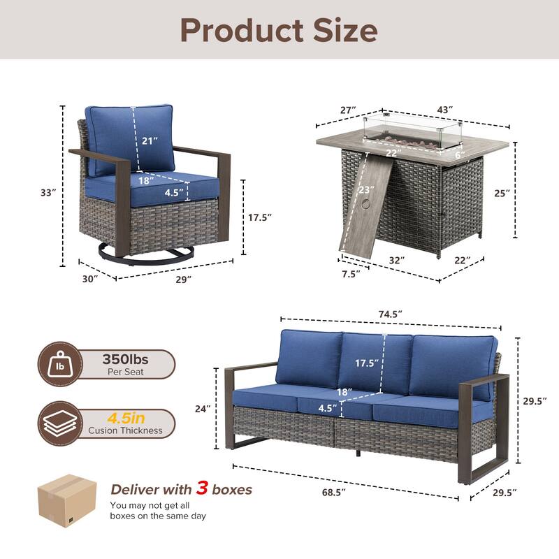 Meyreso Wicker Outdoor Patio Fire Pit Set with Swivel Gliders & 4.5" Olefin Cushions