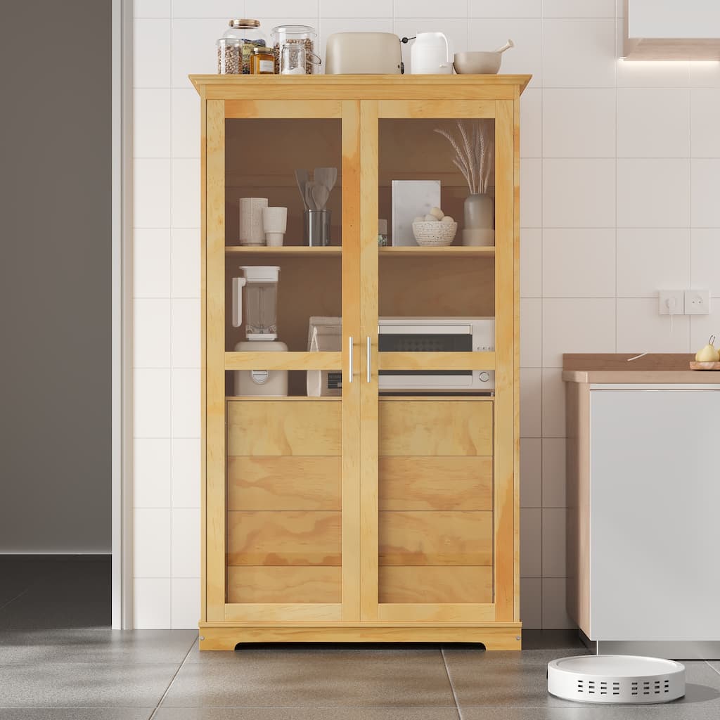Roomfitters 75" Kitchen Pantry, Freestanding Storage Cabinet Display Cabinet with Glass Doors and 4 Drawers