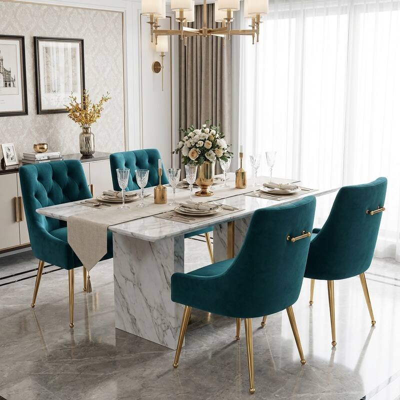 Modern Velvet Dining Chairs Set of 4, Upholstered Accent Chair Tufted Back Armless Chair with Back Pull - Teal