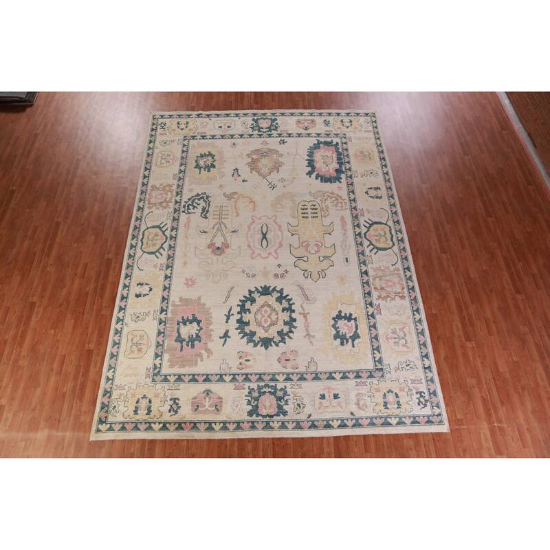 Hand Knotted Oriental 100% Wool Carpet Transitional All-Over Beige & Ivories Oushak Area Rug - 13' 9'' X 9' 11''