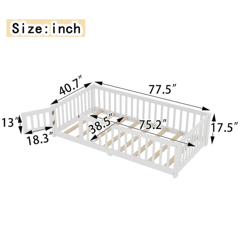Montessori Toddler Floor Bed with Fence and Switchable Door, Low Profile Bed Frame with Removable Slats, Safe Transition Bed