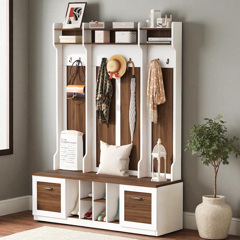 58.8 in Wide Hall Tree with Bench, 7 Hooks, 2 Drawers, Adjustable Shelves, Entryway Coat Rack Organizer, 76.7 in H