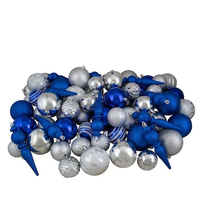 Shatterproof 3-Finish Christmas Ball and Finial Ornaments - Blue and Silver - 75ct