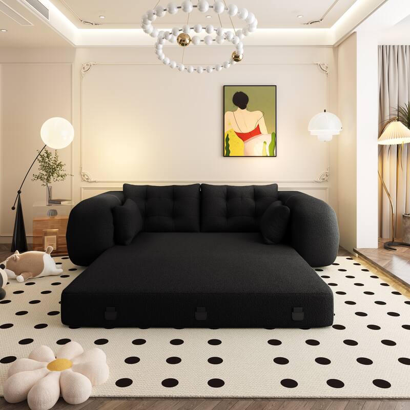 78.7" Foldable Sofa Bed, Teddy Fabric Convertible Floor Sofa Couch with Pillow, Upholstered Loveseat Sleeper Bed for Living Room