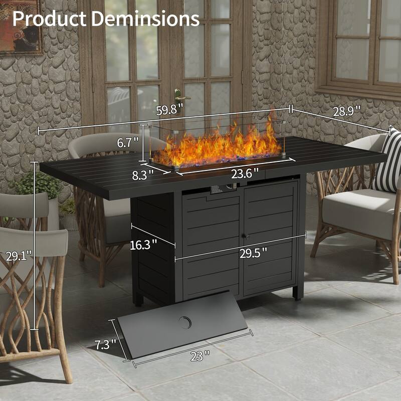 59.8" Aluminum Propane Fire Pit Table, 50,000 BTU Outdoor Dining Table w/ 10 LBS Beads, Rectangle Fire Table
