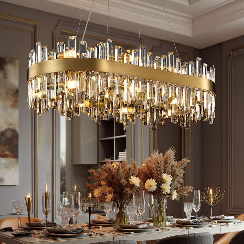 36 in. Modern Crystal Chandeliers 16-Light Brass Gold Rectangular Chandelier Glam Oval Pendant Light for Dining Living Room - Brass
