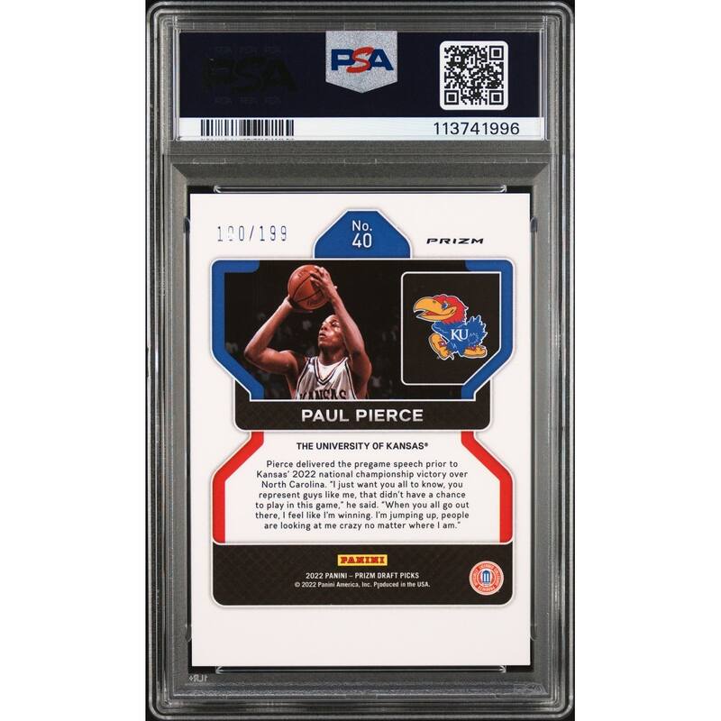 Paul Pierce 2022 Panini Prizm Blue Signed Card #40 Auto Graded PSA 10 100/199 - 8' x 11'