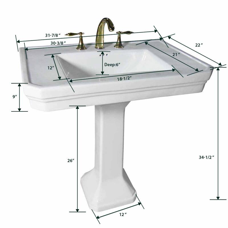 White Pedestal Sink 32" Porcelain with Widespread Faucet Holes and Overflow Renovators Supply