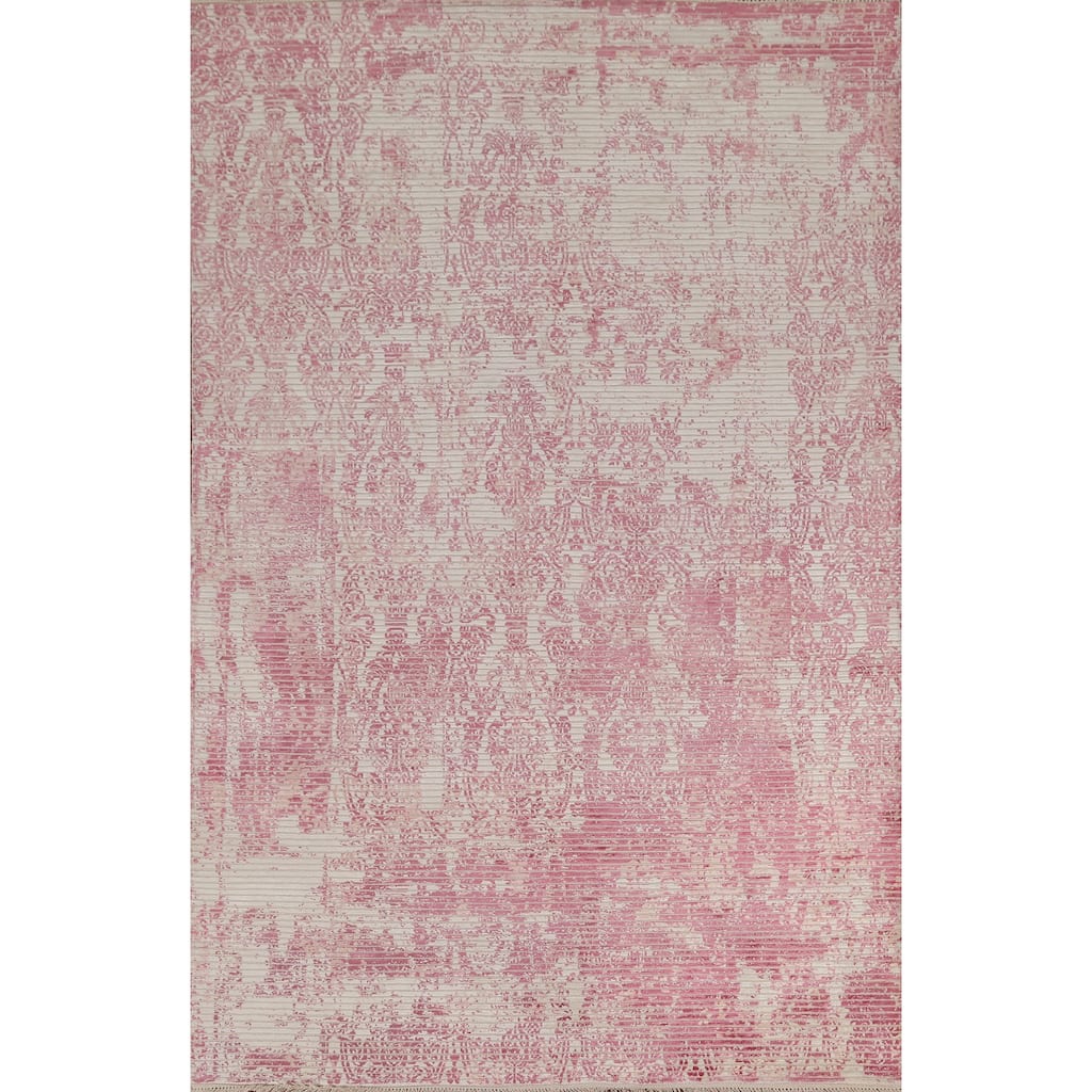 Striped Pink Abstract Modern Area Rug Hand-Knotted Wool Carpet - 6'5"x 9'8"