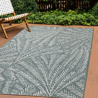Valencia Collection - Green Cream Leaves Indoor/Outdoor Area Rug