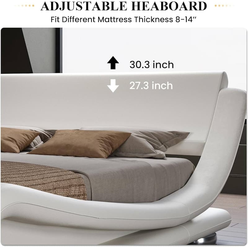 Upholstered White Platform Bed Frame with Curved Headboard and PU Leather