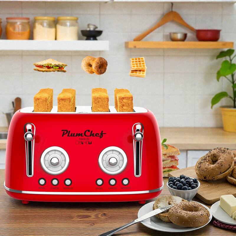 4 Slice Retro Style Toaster with Dual Control, Stainless Steel Toaster 1650W, 6 Browning Levels, Bagel Defrost