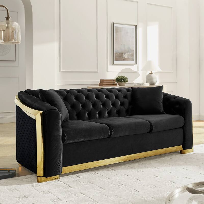 84" 3-Seater Velvet Button Tufted Sofa with Gold Steel Decoration