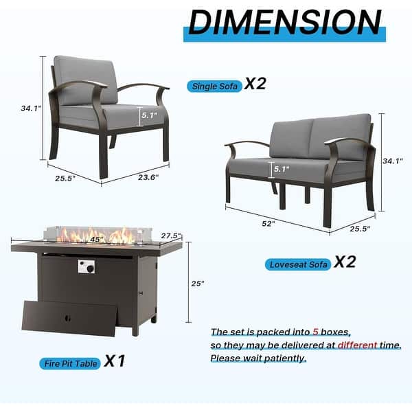 dimension image slide 7 of 14, Aluminum Patio Outdoor Sectional Sofa Set with Fire Pit, Swivel Rocking Chairs and Ottomans
