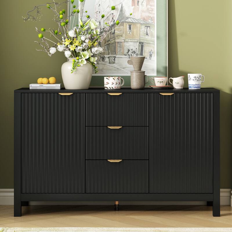 Cupboard with 2 Dimensional Relief Striping Doors and Adjustable Shelves, Entryway Cabinets with Metal Handles and 3 Drawers - Black