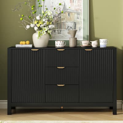 Sideboard with Wave Design - 3 Adjustable Shelves, 3 Drawers & Soft-Close Doors, Storage Console Table with Metal Handles
