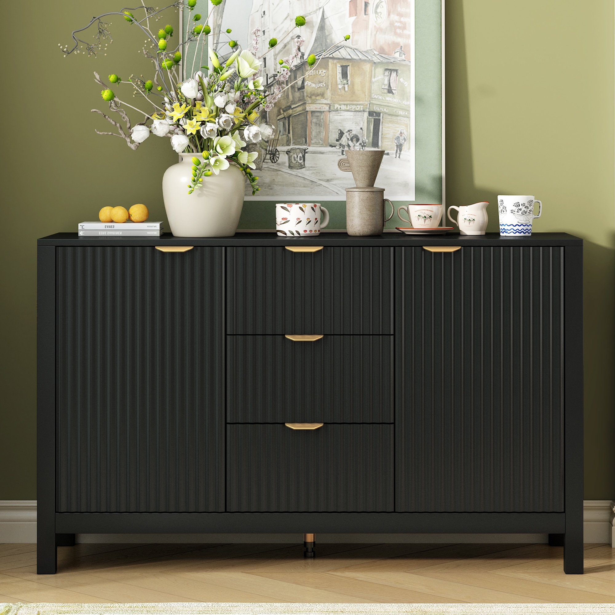 Wave Design MDF Cabinet Sideboard with 3 Adjustable Shelves and 3 Drawers