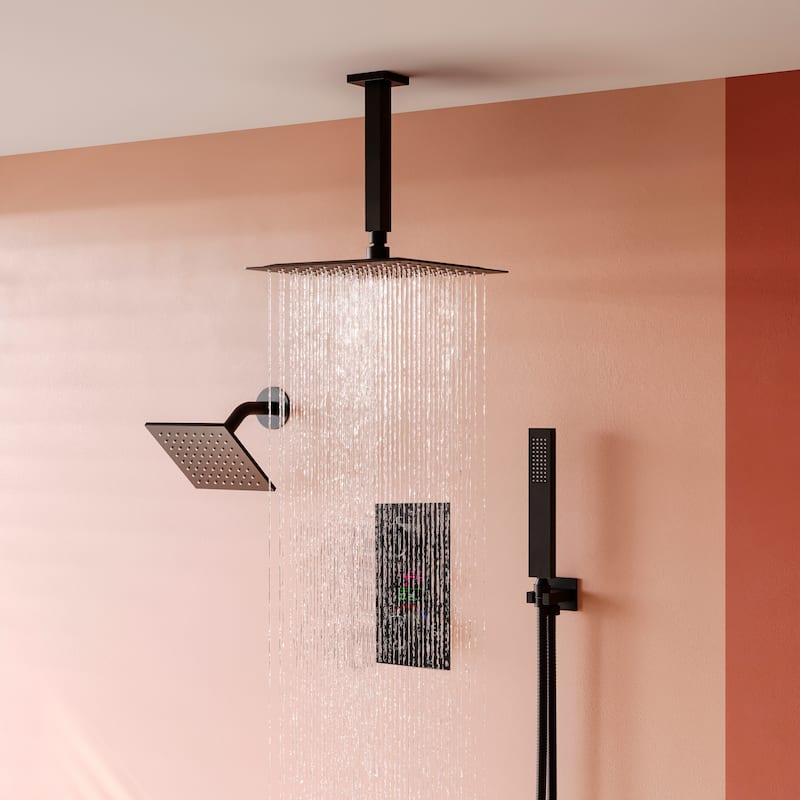 Dual Heads 12" Rainfall & High Pressure 6" Shower System w/ 3 Way Digital Display Faucet