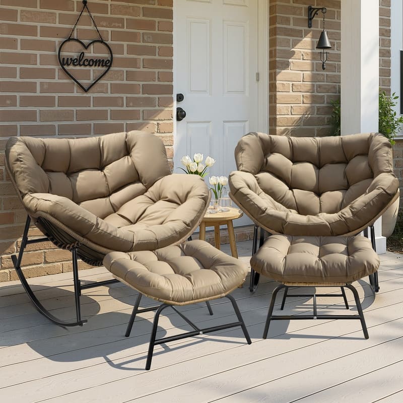 Outdoor Rocking Papasan Chair, Wide Egg Rocking Chair with Thick Padded Cushion, 450 lb Capacity Patio Relaxing Rocker - 4 PCS-Brown
