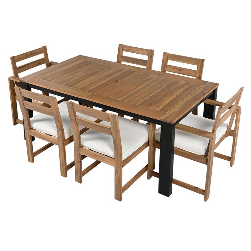 Wood Patio Dining Set with Table, 2 Armchairs & 4 Side Chairs, 7 Pcs