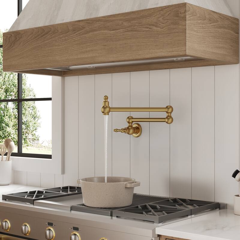 Wall Mount Swing Arm Kitchen Faucet, Traditional Folding Pot Filler Faucet Over Stove