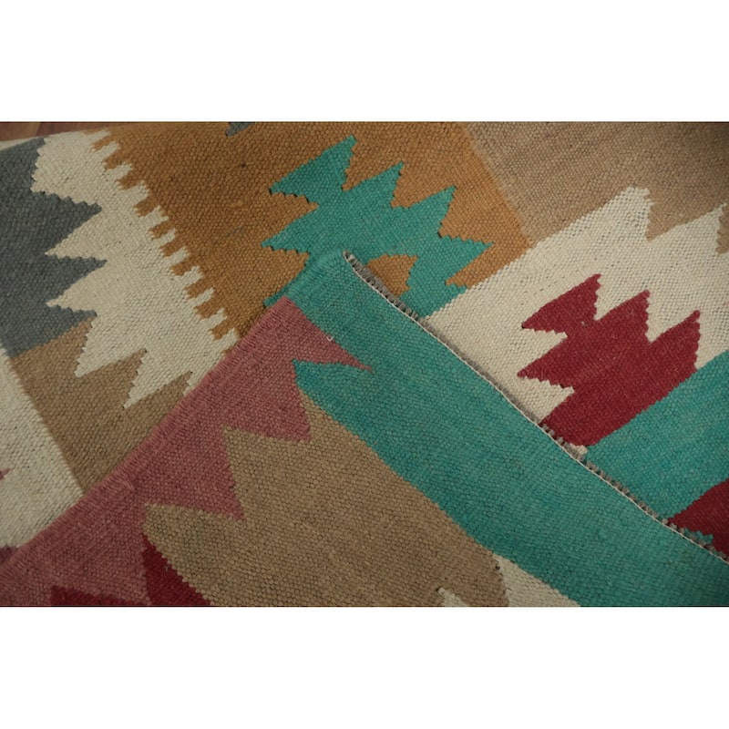 Hand Woven Oriental 100% Wool Carpet Southwestern Tribal Multi-Colored Kilim Runner Rug - 14' 7'' X 4' 11''