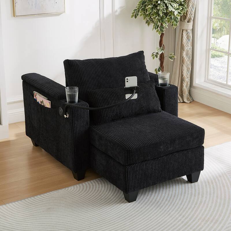 Convertible Chaise Lounge Sofa Chair with USB Ports, Storage 37.4" Corduroy Sleeper Sofa Bed with Adjustable Backrest
