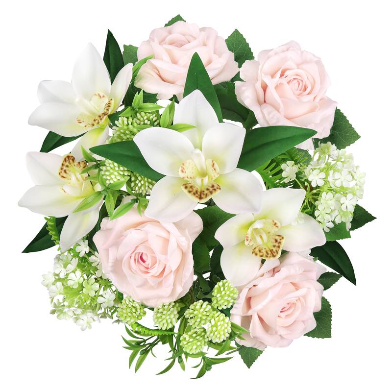 Set of 2 Cream Blush Artificial Mixed Rose Cymbidium Orchid Snowball Flower Stem Bush Bouquet 19in - 19" L x 12" W x 12" DP