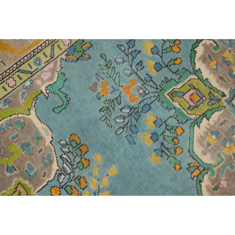 Hand Knotted Oriental 100% Wool Carpet Traditional Floral Navy Blue & Blues Tabriz Area Rug - 9' 8'' X 6' 6''