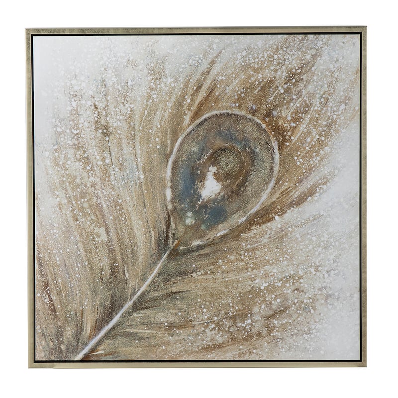39 x 39 Handpainted Wall Art, Peacock Feather Painting, Blue and Gold