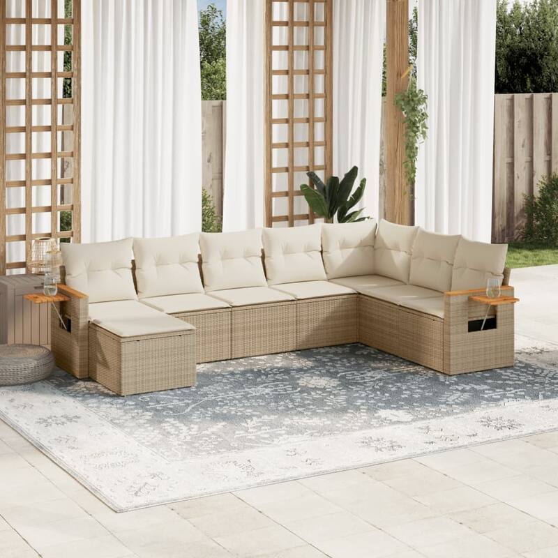 vidaXL Patio Sofa Set with Cushions Outdoor Conversation Furniture Poly Rattan - 21.7 x 21.7 x 14.6 in - Beige and cream without table
