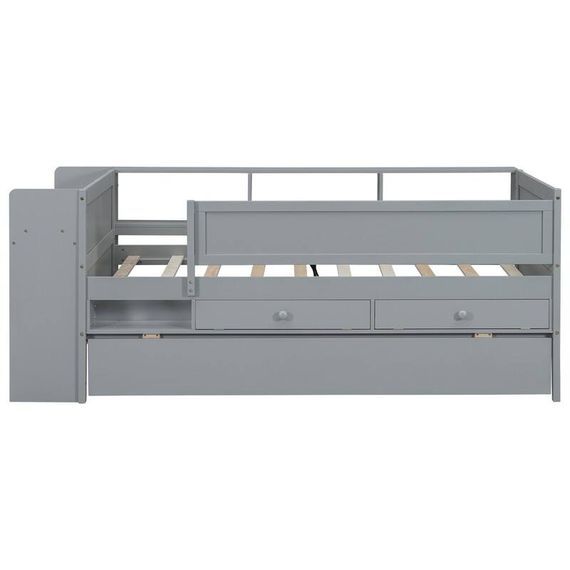 Multi-Functional Twin Size Daybed with 2 Drawers and Twin Size Trundle, Wooden Sofa Bed Frame w/ Headboard Storage & Study Desk