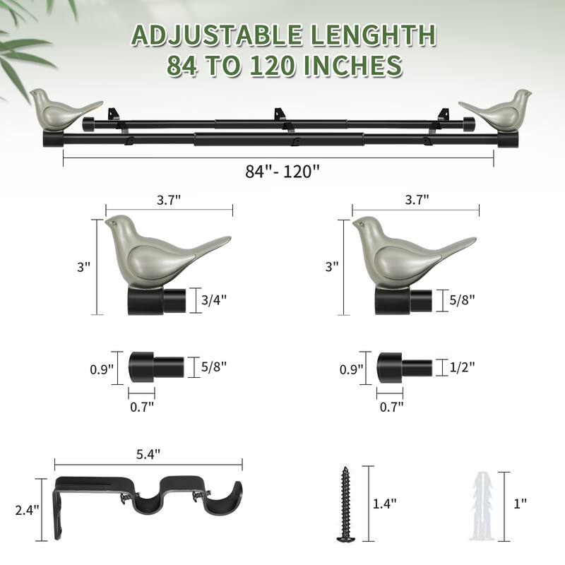 MERIVILLE 3/4" Diameter Farmhouse Double Window Curtain Rod, Bird Finials