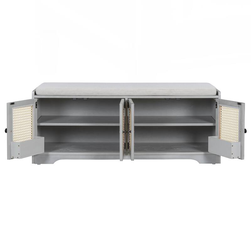 Rustic Storage Bench Multifunctional Wood Entryway Shoe Bench with Removable Cushion, Woven Rattan Doors & Adjustable Shelves