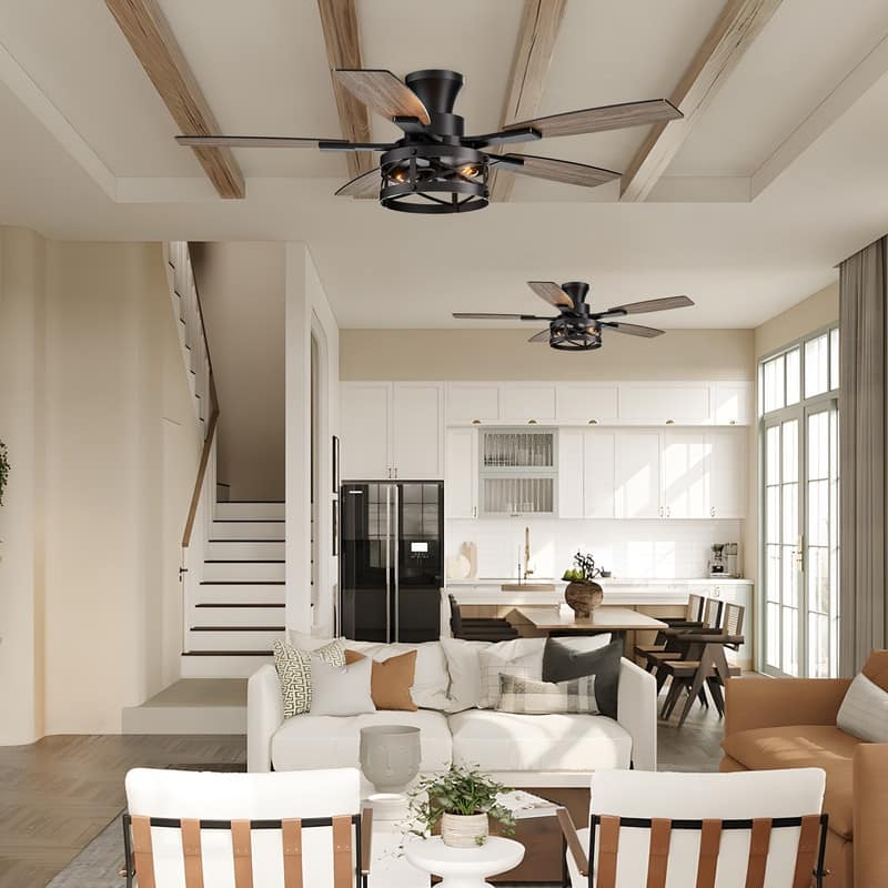 52 Inch Farmhouse Ceiling Fan with Light and Remote Black Industrial Caged Ceiling Fans for Living room - 52 in.