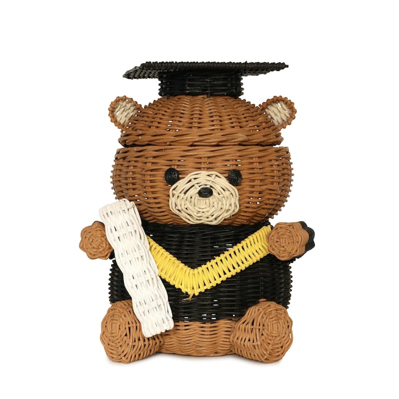 Graduation Bear Rattan Storage Basket with Lid Decorative Home Decor Hand Woven Shelf Organizer Cute Handmade Handcrafted Gift