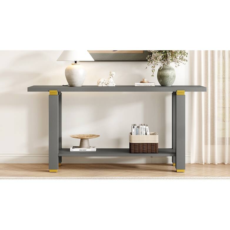 62.9" Modern Minimalist Console Table, Solid Wood Entryway Sofa Table with Metal Accents, Built-in Shelf