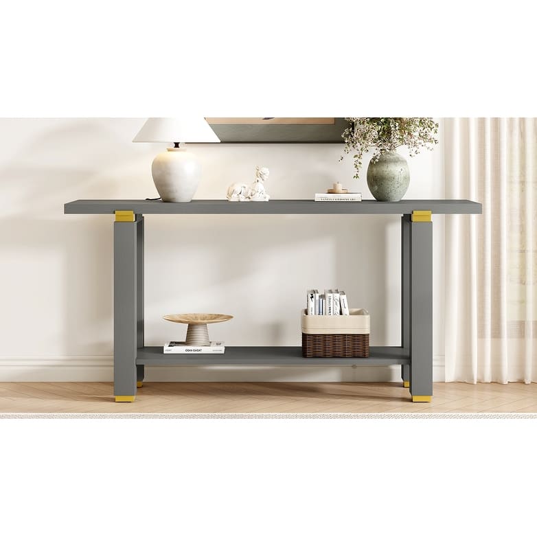 62.9" Modern Minimalist Console Table, Wooden Entryway Sofa Table Rectangular with Built-in Shelf for Living Room
